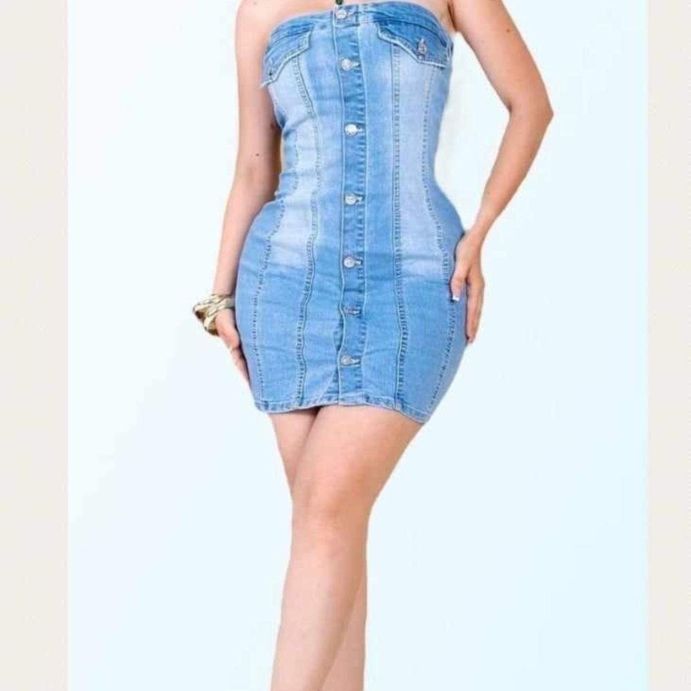 Denim Strapless Button-Down Dress